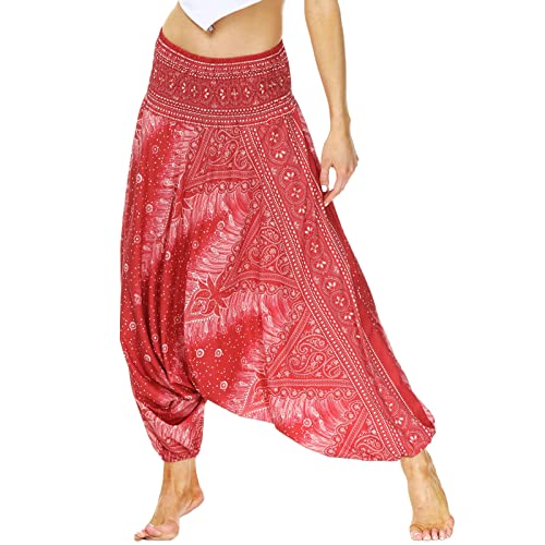 Nuofengkudu Damen Pumphose Aladin Thai Haremshose Hippie Bunt Muster Baggy Leichte Indische Yoga Hosen Hip Hop Sommer Strandhose X-Weiß Lotusblatt Einheitsgröße von Nuofengkudu