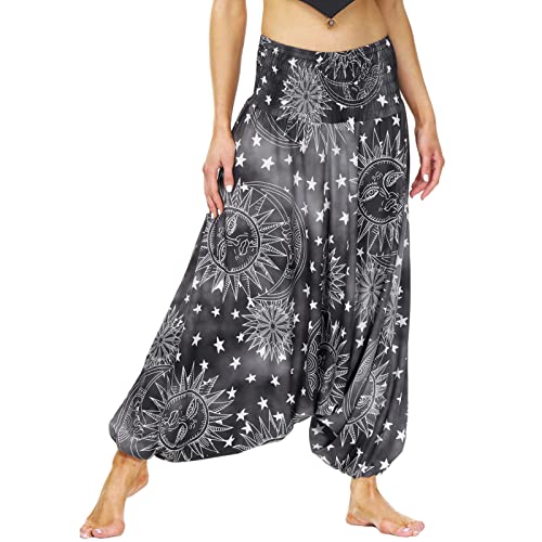 Nuofengkudu Damen Pumphose Aladin Thai Haremshose Hippie Bunt Muster Baggy Leichte Indische Yoga Hosen Hip Hop Sommer Strandhose X-Weiß Lotusblatt Einheitsgröße von Nuofengkudu