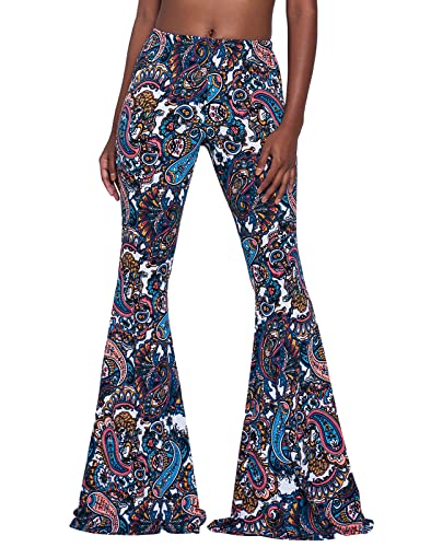 Nuofengkudu Damen Schlaghose Hochbund Push up Stretch Bequeme Lange Schlag Hosen Weite Leggins Tights Freizeit Einfarbig Haushose Yogahose Classic Flared Pants Pyjamahose(Blau Floral,L) von Nuofengkudu