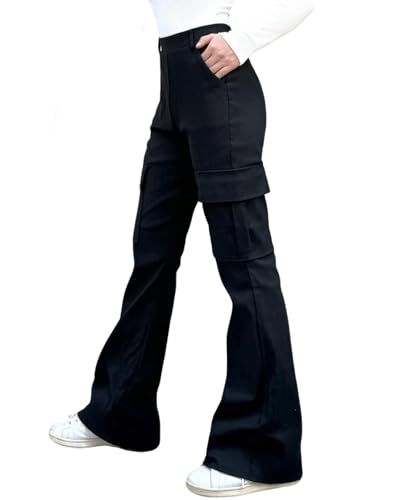 Nuofengkudu Damen Skinny Ausgestellte Cargo Hose Bootcut Slim Fit Bootleg Stretch Hosne 4 Taschen Elastische Hohe Taille Athletische Leggings Weites Bein Einfarbige Teenager Mädchen Y2K Schwarz XL von Nuofengkudu