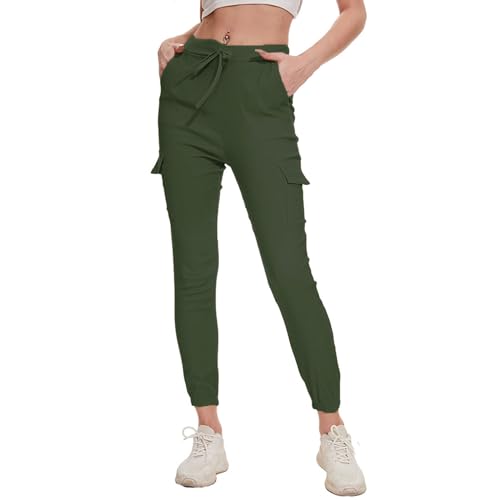 Nuofengkudu Damen Skinny Cargo Hose Cuffed Leggings 4 Taschen Tunnelzug High Waist Buendchen Jogginghose Slim Fit Slip-On Stretch Cargohose Teenager Mädchen Gothic Hosen Joggpants Armee Grün Größe 37 von Nuofengkudu