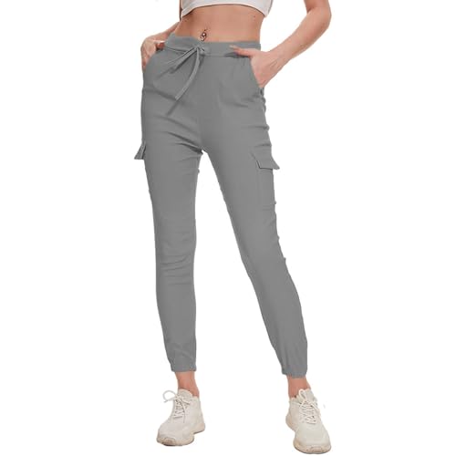 Nuofengkudu Damen Skinny Cargo Hose Cuffed Leggings 4 Taschen Tunnelzug High Waist Buendchen Jogginghose Slim Fit Slip-On Stretch Cargohose Teenager Mädchen Gothic Hosen Joggpants Grau Größe 33 von Nuofengkudu