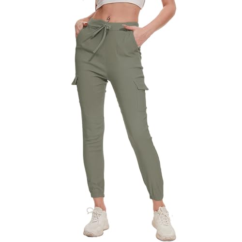 Nuofengkudu Damen Skinny Cargo Hose Cuffed Leggings 4 Taschen Tunnelzug High Waist Buendchen Jogginghose Slim Fit Slip-On Stretch Cargohose Teenager Mädchen Gothic Hosen Joggpants Grau Größe 34 von Nuofengkudu