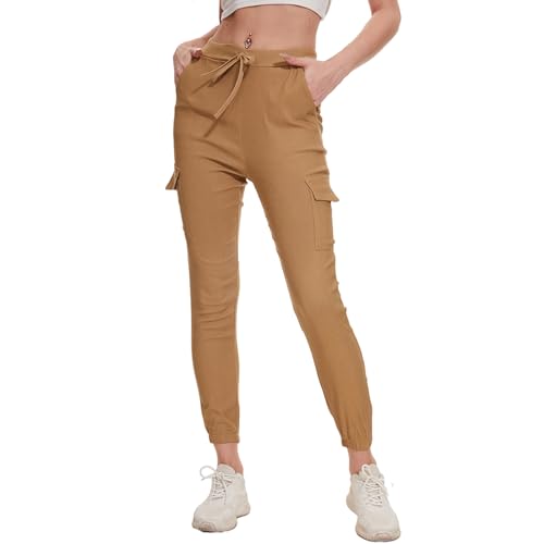 Nuofengkudu Damen Skinny Cargo Hose Cuffed Leggings 4 Taschen Tunnelzug High Waist Buendchen Jogginghose Slim Fit Slip-On Stretch Cargohose Teenager Mädchen Gothic Hosen Joggpants Khaki Größe 33 von Nuofengkudu