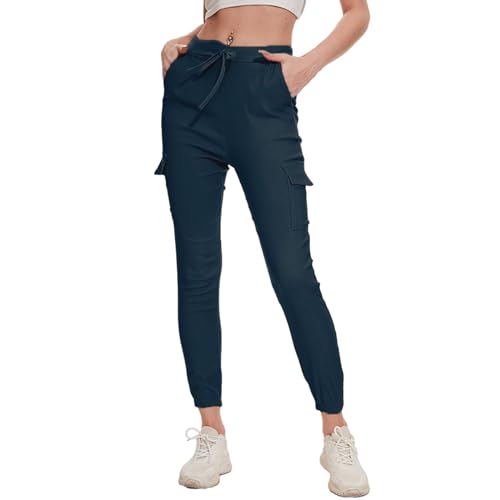 Nuofengkudu Damen Skinny Cargo Hose Cuffed Leggings 4 Taschen Tunnelzug High Waist Buendchen Jogginghose Slim Fit Slip-On Stretch Cargohose Teenager Mädchen Gothic Hosen Joggpants Marineblau Größe 35 von Nuofengkudu