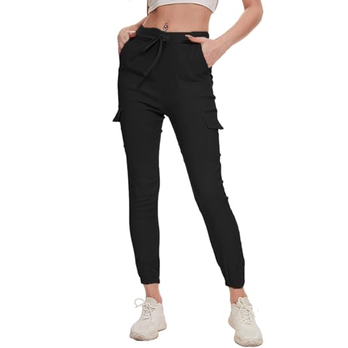 Nuofengkudu Damen Skinny Cargo Hose Cuffed Leggings 4 Taschen Tunnelzug High Waist Buendchen Jogginghose Slim Fit Slip-On Stretch Cargohose Teenager Mädchen Gothic Hosen Joggpants Schwarz Größe 34 von Nuofengkudu