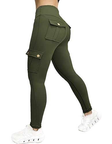 Nuofengkudu Damen Sport Cargo Leggings mit Taschen High Waist Stretch Cargohose Eng Hosen Push up Sportleggins Stretch Jeggings Gym Fitness Outdoor Workout Sporthose Y-Dunkelgrün XS von Nuofengkudu