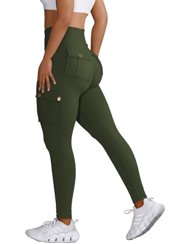 Nuofengkudu Damen Sport Cargo Leggings mit Taschen High Waist Stretch Cargohose Eng Hosen Push up Sportleggins Stretch Jeggings Gym Fitness Outdoor Workout Sporthose Y-Dunkelgrün XS von Nuofengkudu