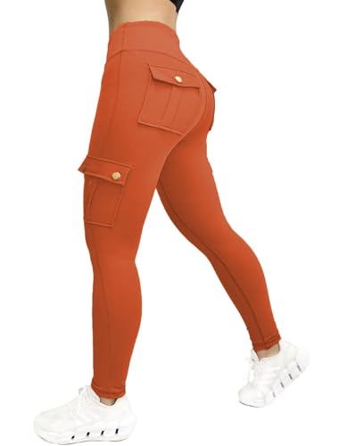 Nuofengkudu Damen Sport Cargo Leggings mit Taschen High Waist Stretch Cargohose Eng Hosen Push up Sportleggins Stretch Jeggings Gym Fitness Outdoor Workout Sporthose Y-Orange Rot 2XL von Nuofengkudu