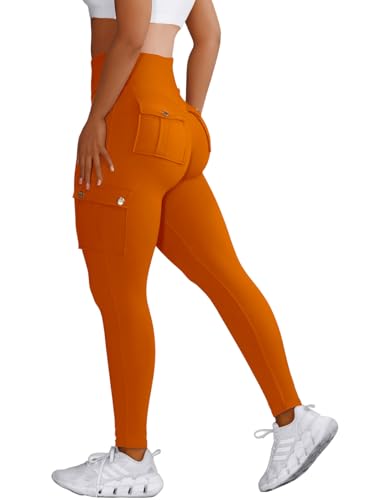 Nuofengkudu Damen Sport Cargo Leggings mit Taschen High Waist Stretch Cargohose Eng Hosen Push up Sportleggins Stretch Jeggings Gym Fitness Outdoor Workout Sporthose Y-Orange Rot XL von Nuofengkudu