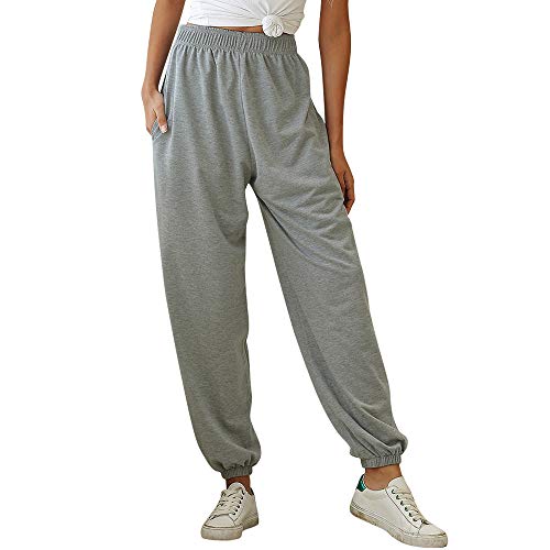 Nuofengkudu Damen Sporthose Laufhosen Jogginghose Gummibund Sweathose mit Taschen Trainingshose Stoffhose High Waist Hosen Bequeme Lockere Lässige Freizeithose Loungewear Outdoor(Dünn-Grau,2XL) von Nuofengkudu