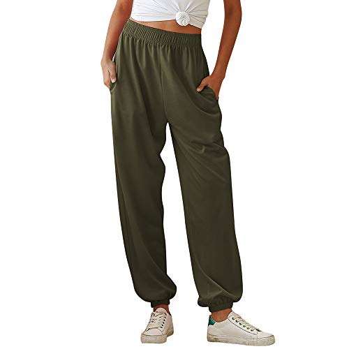 Nuofengkudu Damen Sporthose Laufhosen Jogginghose Gummibund Sweathose mit Taschen Trainingshose Stoffhose High Waist Hosen Bequeme Lockere Lässige Freizeithose Loungewear Outdoor(Dünn-Grün,L) von Nuofengkudu