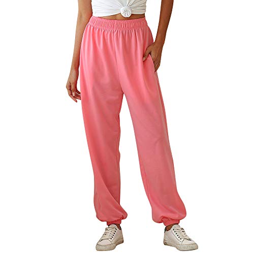 Nuofengkudu Damen Sporthose Laufhosen Jogginghose Gummibund Sweathose mit Taschen Trainingshose Stoffhose High Waist Hosen Bequeme Lockere Lässige Freizeithose Loungewear Outdoor(Dünn-Rosa,2XL) von Nuofengkudu