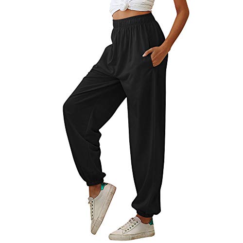 Nuofengkudu Damen Sporthose Laufhosen Jogginghose Gummibund Sweathose mit Taschen Trainingshose Stoffhose High Waist Hosen Bequeme Lockere Lässige Freizeithose Loungewear Outdoor(Dünn-Schwarz,2XL) von Nuofengkudu