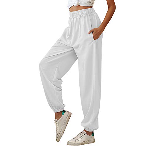 Nuofengkudu Damen Sporthose Laufhosen Jogginghose Gummibund Sweathose mit Taschen Trainingshose Stoffhose High Waist Hosen Bequeme Lockere Lässige Freizeithose Loungewear Outdoor(Dünn-Weiß,XL) von Nuofengkudu