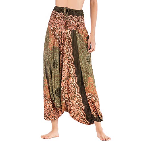 Nuofengkudu Damen Tiefer Schritt Hippie Haremshose Baggy Bunte Harem Jumpsuit Viskose Hose Leicht Dünn Luftig Wahrsagerin Kostüm Hosen Sommerhose Yogahose Haushose Dunkelgrün Ethnisch Einheitsgröße von Nuofengkudu