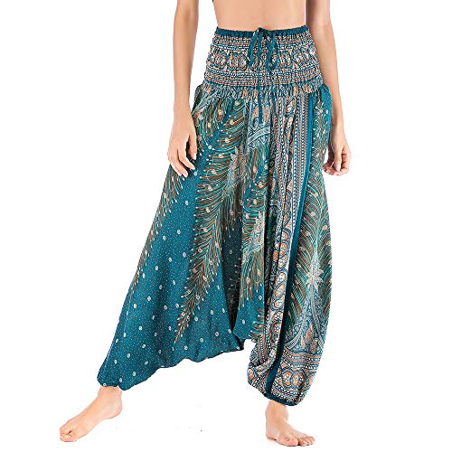 Nuofengkudu Damen Tiefer Schritt Hippie Haremshose Baggy Bunte Harem Jumpsuit Viskose Hose Leicht Dünn Luftig Wahrsagerin Kostüm Hosen Sommerhose Yogahose Haushose Einheitsgröße Grün Pfau von Nuofengkudu