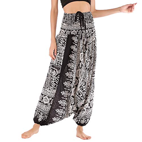 Nuofengkudu Damen Tiefer Schritt Hippie Haremshose Baggy Bunte Harem Jumpsuit Viskose Hose Leicht Dünn Luftig Wahrsagerin Kostüm Hosen Sommerhose Yogahose Haushose Einheitsgröße Schwarz Fisch von Nuofengkudu