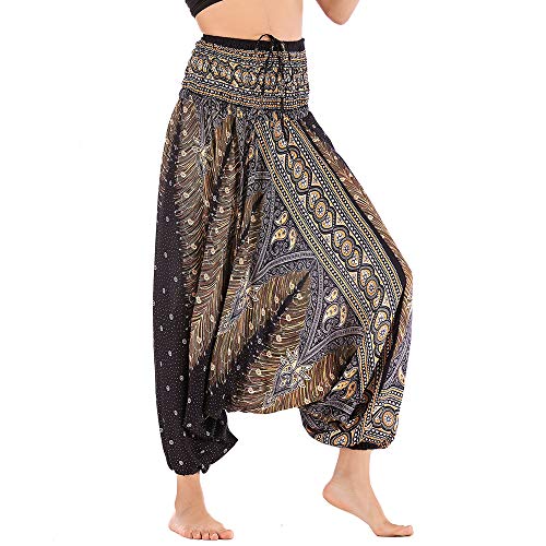 Nuofengkudu Damen Tiefer Schritt Hippie Haremshose Baggy Bunte Harem Jumpsuit Viskose Hose Leicht Dünn Luftig Wahrsagerin Kostüm Hosen Sommerhose Yogahose Haushose Einheitsgröße Schwarz Pfau von Nuofengkudu