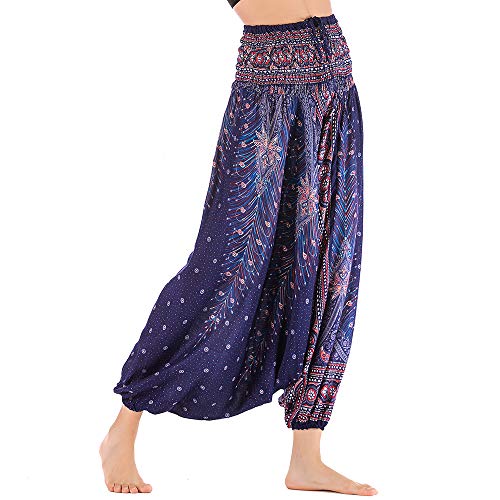 Nuofengkudu Damen Tiefer Schritt Hippie Haremshose Baggy Bunte Harem Jumpsuit Viskose Hose Leicht Dünn Luftig Wahrsagerin Kostüm Hosen Sommerhose Yogahose Haushose Einheitsgröße Violett Blau Pfau von Nuofengkudu