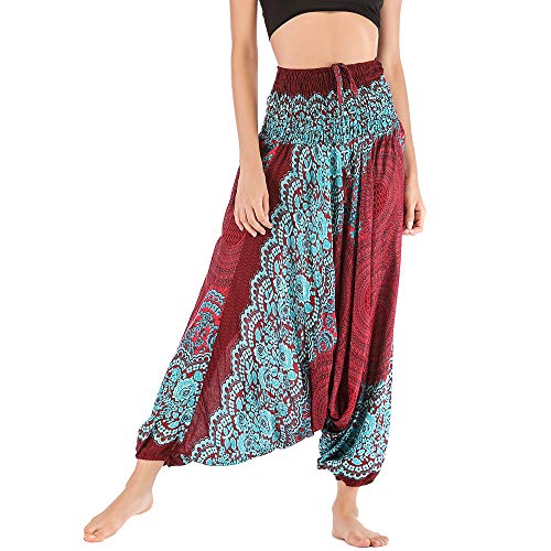 Nuofengkudu Damen Tiefer Schritt Hippie Haremshose Baggy Bunte Harem Jumpsuit Viskose Hose Leicht Dünn Luftig Wahrsagerin Kostüm Hosen Sommerhose Yogahose Haushose Einheitsgröße Weinrot Ethnisch von Nuofengkudu