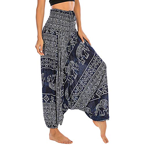 Nuofengkudu Damen Tiefer Schritt Hippie Haremshose Baggy Bunte Harem Jumpsuit Viskose Hose Leicht Dünn Luftig Wahrsagerin Kostüm Hosen Sommerhose Yogahose Haushose Einheitsgröße S-Elefant Dunkelblau von Nuofengkudu