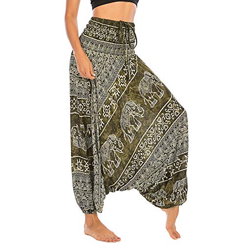 Nuofengkudu Damen Tiefer Schritt Hippie Haremshose Baggy Bunte Harem Jumpsuit Viskose Hose Leicht Dünn Luftig Wahrsagerin Kostüm Hosen Sommerhose Yogahose Haushose Einheitsgröße S-Elefant Dunkelgrün von Nuofengkudu