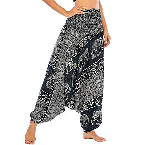 Nuofengkudu Damen Tiefer Schritt Hippie Haremshose Baggy Bunte Harem Jumpsuit Viskose Hose Leicht Dünn Luftig Wahrsagerin Kostüm Hosen Sommerhose Yogahose Haushose Einheitsgröße S-Elefant Schwarz von Nuofengkudu