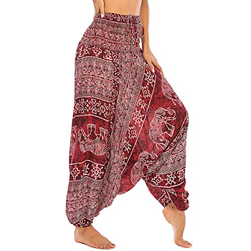 Nuofengkudu Damen Tiefer Schritt Hippie Haremshose Baggy Bunte Harem Jumpsuit Viskose Hose Leicht Dünn Luftig Wahrsagerin Kostüm Hosen Sommerhose Yogahose Haushose Einheitsgröße S-Elefant Weinrot von Nuofengkudu