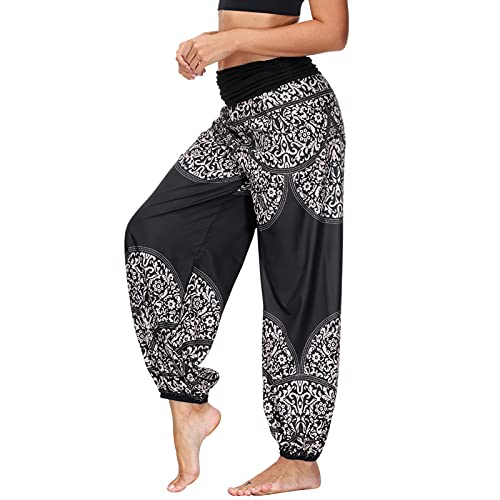 Nuofengkudu Damen Thai Hippie Hosen Haremshosen Baggy Yogahosen Leichte Boho Print Pluderhose High Waist Pumphose Sommer Strand(Schwarz F,M) von Nuofengkudu