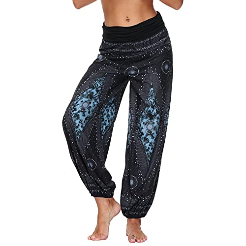 Nuofengkudu Damen Thai Hippie Hosen Haremshosen Baggy Yogahosen Leichte Boho Print Pluderhose High Waist Pumphose Sommer Strand(W-Blau Schwarz,M) von Nuofengkudu