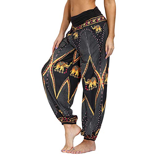 Nuofengkudu Damen Thai Hippie Hosen Haremshosen Baggy Yogahosen Leichte Boho Print Pluderhose High Waist Pumphose Sommer Strand(W-Gelb Elefant,M) von Nuofengkudu