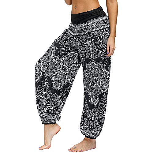 Nuofengkudu Damen Thai Hippie Hosen Haremshosen Baggy Yogahosen Leichte Boho Print Pluderhose High Waist Pumphose Sommer Strand(W-Schwarz Blume,M) von Nuofengkudu