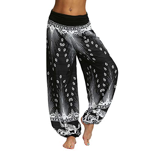 Nuofengkudu Damen Thai Hippie Hosen Haremshosen Baggy Yogahosen Leichte Boho Print Pluderhose High Waist Pumphose Sommer Strand (Schwarz B,M) von Nuofengkudu