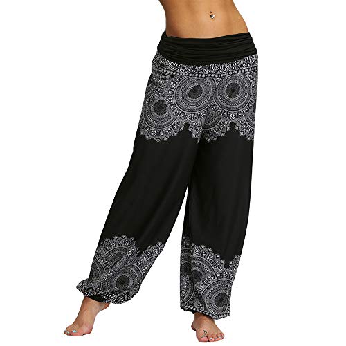 Nuofengkudu Damen Thai Hippie Hosen Haremshosen Baggy Yogahosen Leichte Boho Print Pluderhose High Waist Pumphose Sommer Strand (Schwarz C,M) von Nuofengkudu