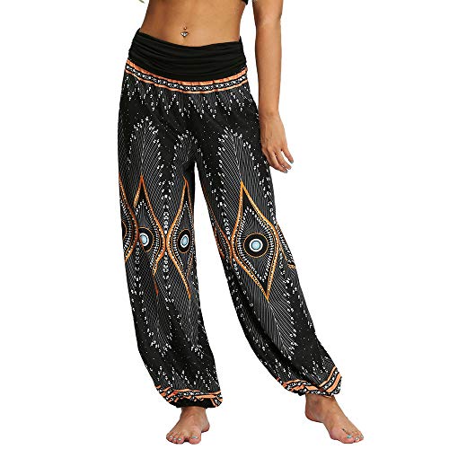 Nuofengkudu Damen Thai Hippie Hosen Haremshosen Baggy Yogahosen Leichte Boho Print Pluderhose High Waist Pumphose Sommer Strand (Schwarz Pfau,M) von Nuofengkudu