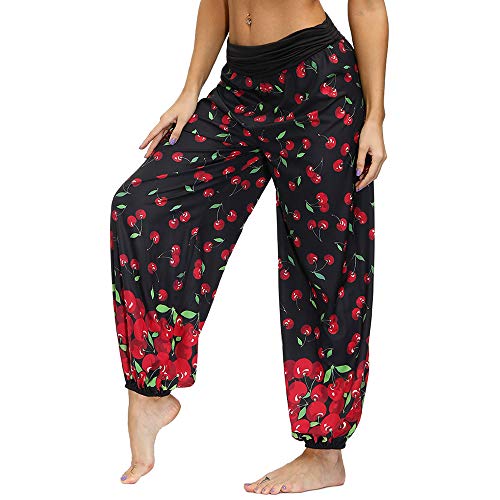 Nuofengkudu Damen Thai Hippie Hosen Haremshosen Baggy Yogahosen Leichte Boho Print Pluderhose High Waist Pumphose Strandhose(W-Schwarz Rose,S) von Nuofengkudu