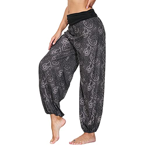 Nuofengkudu Damen Thai Hippie Hosen Haremshosen Baggy Yogahosen Leichte Boho Print Pluderhose High Waist Strandhose Freizeithose(Schwarz E,XL) von Nuofengkudu