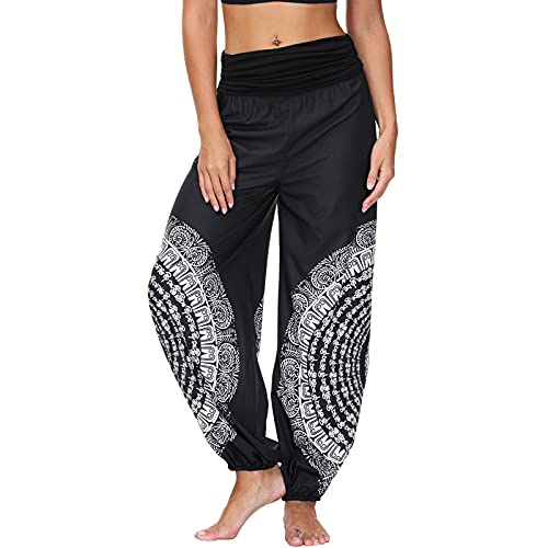 Nuofengkudu Damen Thai Hippie Hosen Haremshosen Baggy Yogahosen Leichte Boho Print Pluderhose High Waist Strandhose Freizeithose(Schwarz H,XL) von Nuofengkudu