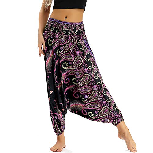 Nuofengkudu Damen Thai Hippie Pumphose Haremshose Aladinhose Gemustert Niedriger Schritt Leicht Luftig Sommerhose Violett Pfau B von Nuofengkudu