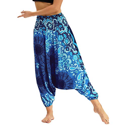 Nuofengkudu Damen Thai Hippie Pumphose Haremshose Aladinhose Gemustert Niedriger Schritt Leicht Luftig Yogahose Sommerhose Blau Blume B von Nuofengkudu