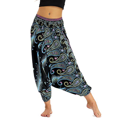 Nuofengkudu Damen Thai Hippie Pumphose Haremshose Aladinhose Gemustert Niedriger Schritt Leicht Luftig Yogahose Sommerhose Blau Pfau B von Nuofengkudu