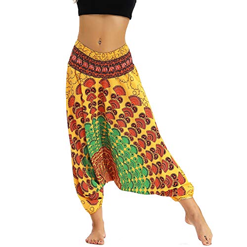 Nuofengkudu Damen Thai Hippie Pumphose Haremshose Aladinhose Gemustert Niedriger Schritt Leicht Luftig Yogahose Sommerhose Gelb von Nuofengkudu