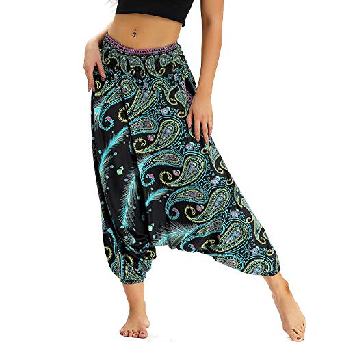 Nuofengkudu Damen Thai Hippie Pumphose Haremshose Aladinhose Gemustert Niedriger Schritt Leicht Luftig Yogahose Sommerhose Minzgrün Pfau von Nuofengkudu