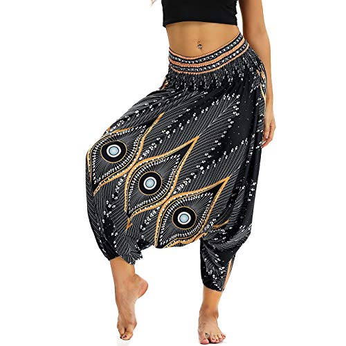 Nuofengkudu Damen Thai Hippie Pumphose Haremshose Aladinhose Gemustert Niedriger Schritt Leicht Luftig Yogahose Sommerhose Schwarz Pfau B von Nuofengkudu