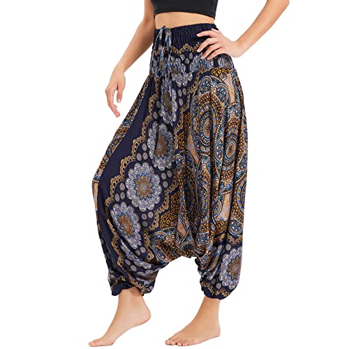 Nuofengkudu Damen Tiefer Schritt Hippie Haremshose Baggy Bunte Harem Jumpsuit Viskose Hose Leicht Dünn Luftig Wahrsagerin Kostüm Hosen Sommerhose Yogahose Haushose Einheitsgröße Blumen Dunkelblau von Nuofengkudu