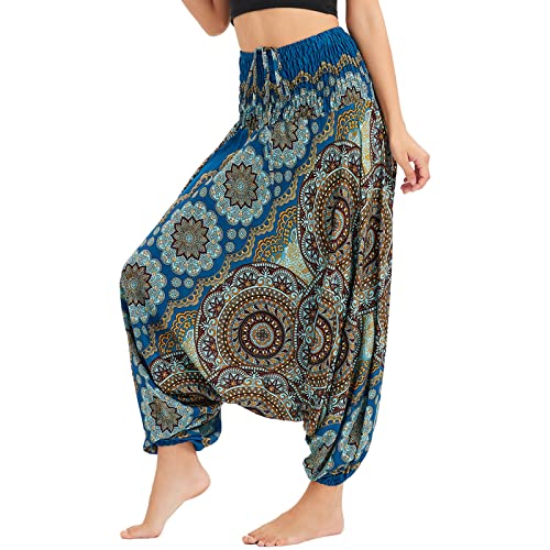 Nuofengkudu Damen Tiefer Schritt Hippie Haremshose Baggy Bunte Harem Jumpsuit Viskose Hose Leicht Dünn Luftig Wahrsagerin Kostüm Hosen Sommerhose Yogahose Haushose Einheitsgröße Blumen Himmelblau von Nuofengkudu