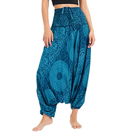 Nuofengkudu Damen Tiefer Schritt Hippie Haremshose Baggy Bunte Harem Jumpsuit Viskose Hose Leicht Dünn Luftig Wahrsagerin Kostüm Hosen Sommerhose Yogahose Haushose Einheitsgröße Rosen Blau von Nuofengkudu