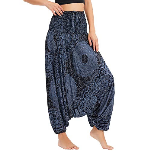 Nuofengkudu Damen Tiefer Schritt Hippie Haremshose Baggy Bunte Harem Jumpsuit Viskose Hose Leicht Dünn Luftig Wahrsagerin Kostüm Hosen Sommerhose Yogahose Haushose Einheitsgröße Rosen Schwarz von Nuofengkudu