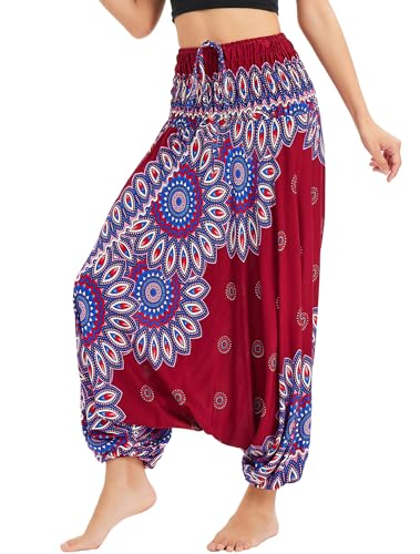 Nuofengkudu Damen Tiefer Schritt Hippie Haremshose Baggy Bunte Harem Jumpsuit Viskose Hose Leicht Dünn Luftig Wahrsagerin Kostüm Hosen Sommerhose Yogahose Haushose Einheitsgröße TY Blume Weinrot von Nuofengkudu